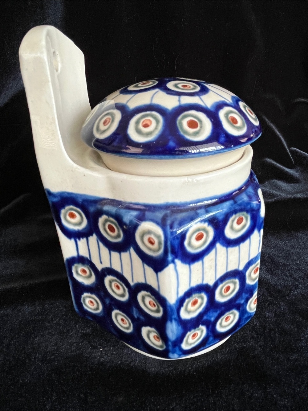 Boleslawiec Polish Pottery Peacock Pattern Hanging Salt Box with Bubble Lid